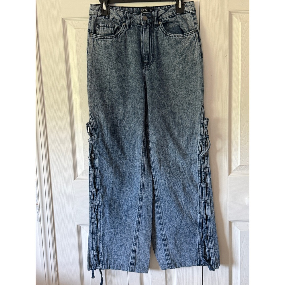 Venus Acid Wash Lace Up Side Denim Jeans Light Blue High Rise Size 8